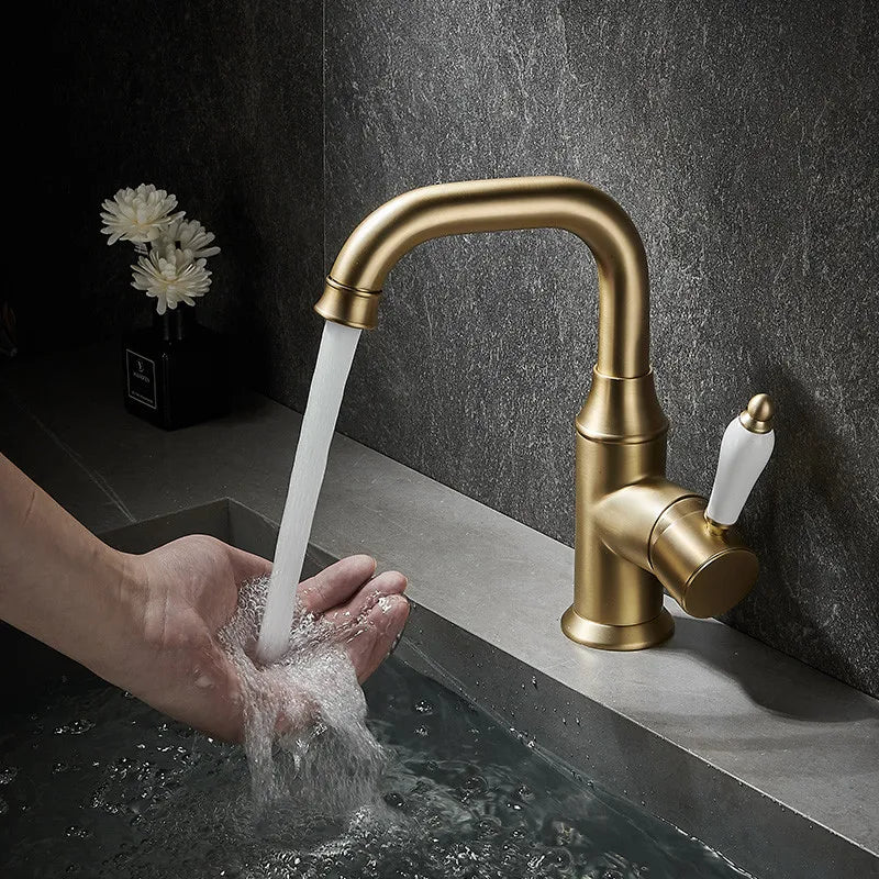 DecorBites™ Brushed Gold Basin Faucet Deck Mounted Sink Tap Hot Cold Chrome Brass