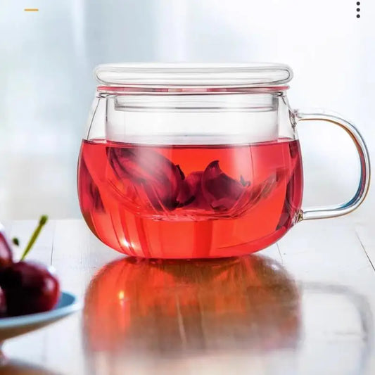 DecorBites™ Glass Floral Tea Cup with Handle, Filter & Lid