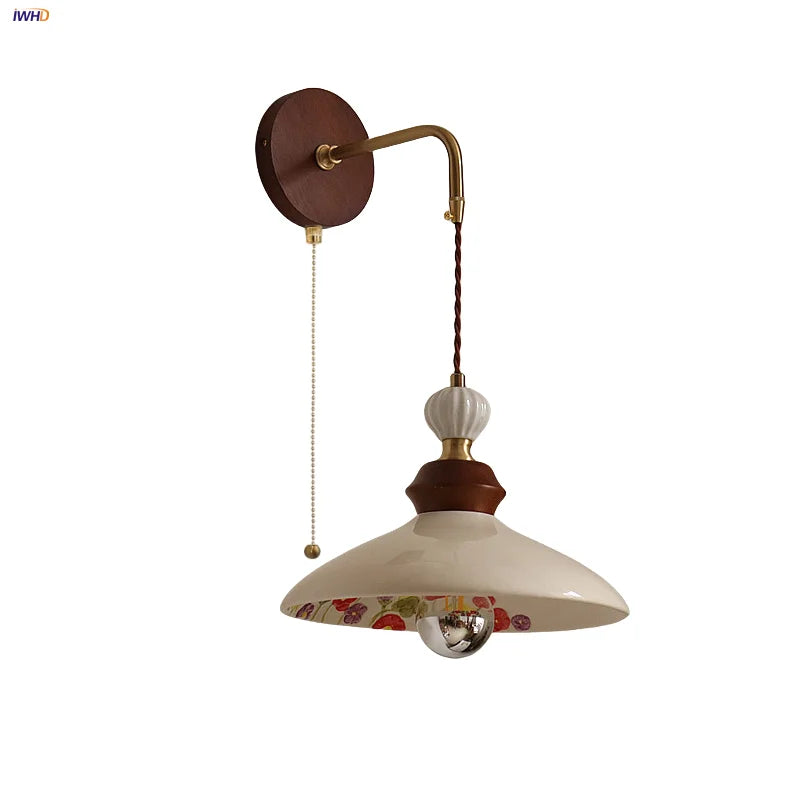 DecorBites™ Ceramic LED Wall Light Copper Pull Chain Wood Base Modern Bedside Lamp
