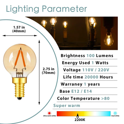 DecorBites™ Amber Glass LED Filament Globe Bulb, 2200K Dimmable E12 E14 Outdoor Fairy Light