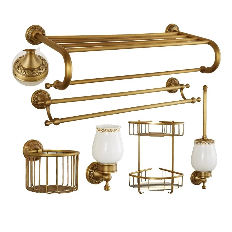 DecorBites™ Brass Antique Bath Hardware Set: Towel Rack, Paper Holder, Towel Hanger, Toilet Brush Holder