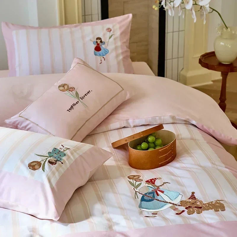 Decobites Luxury Embroidered Cotton Duvet Set with Sheet Quilt Pillowcases - Premium Bedding