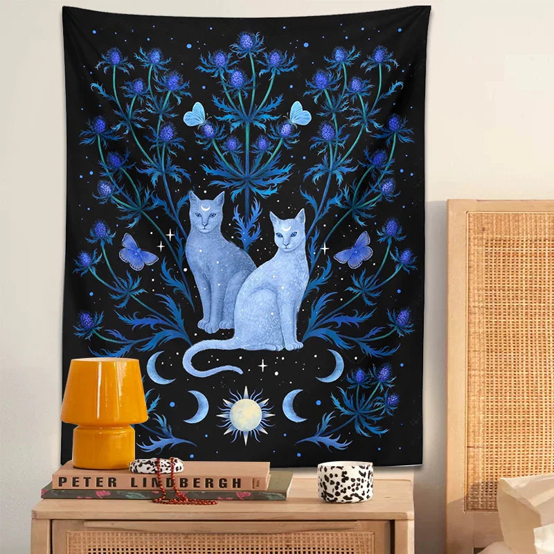 Decobites Cat Tapestry Wall Hanging Moon Sun Moth Leaf Flower Occult Home Decor