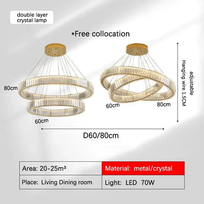 DecorBites™ Golden Crystal Chandelier: Nordic Modern Luxury LED Hanging Halo for Living Room