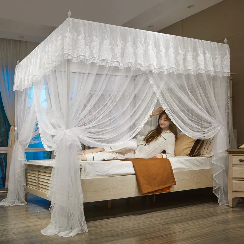 Decobites Princess Mosquito Net Canopy for Double Bed Square Lace Palace Embroidery