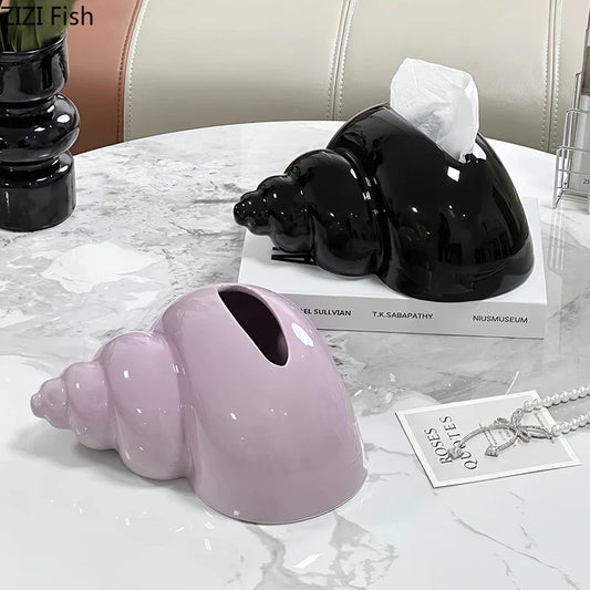 Caja de pañuelos de cerámica DecorBites™ Conch: Decoración de mesa encantadora y estuche para toallas de papel.
