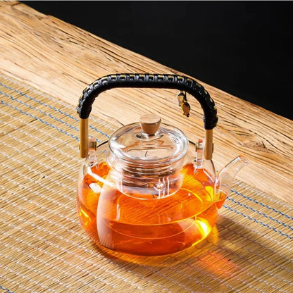 DecorBites™ Glass Tea Pot With Weave Handle Heat-resistant Glass Teapot Transparent Steaming Tea Kettle