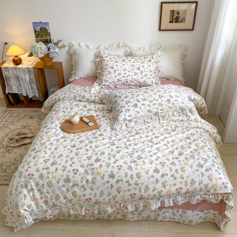 Decobites Floral Lace Ruffle Bedding Set, Fresh Flower Single Duvet Cover, 100% Cotton