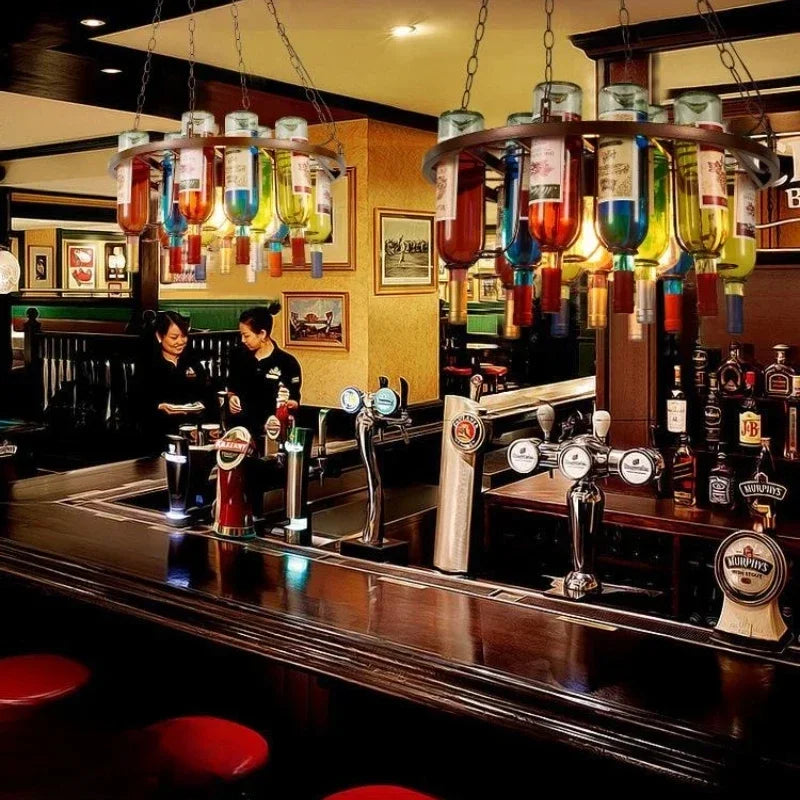 DecorBites™ Industrial Metal Wine Bottle Chandelier for Coffee Shop Bar LED Decor