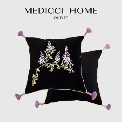 Funda de cojín bordada con borla DecorBites™ con diseño botánico de glicinas