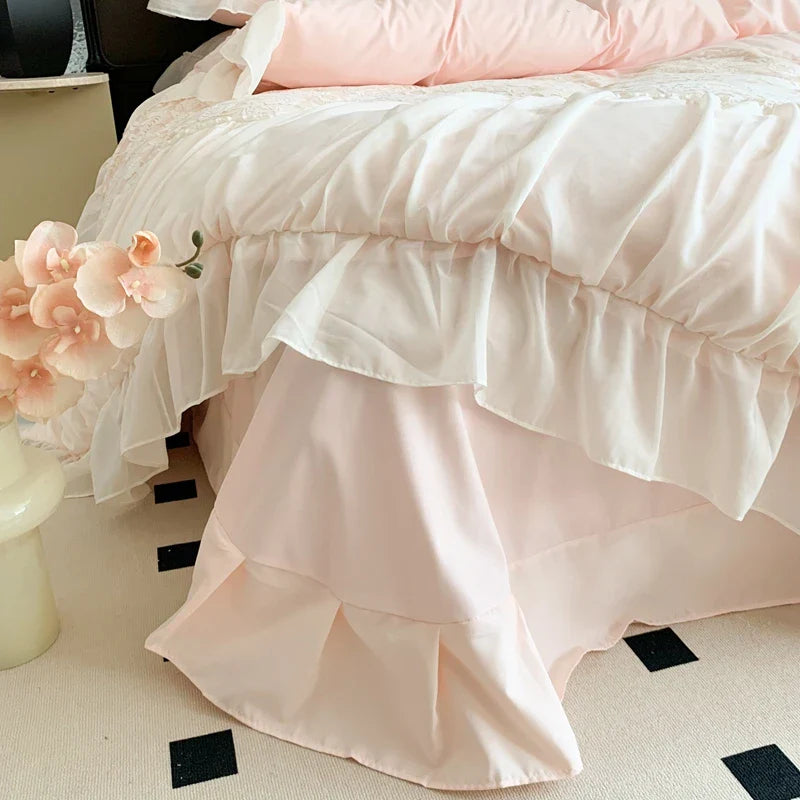 Afralia Pink French Princess Bedding Set, Queen Size, Soft & Cozy with Lace Ruffles