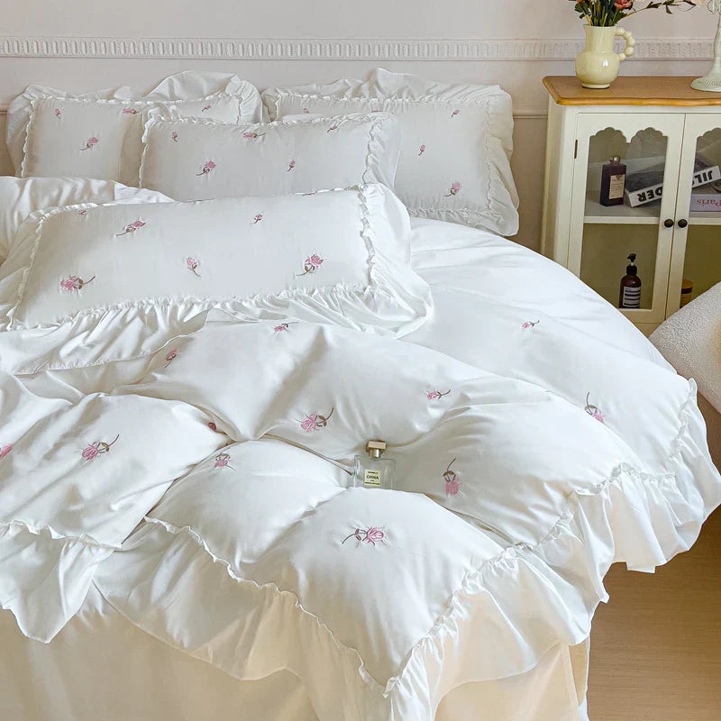 Decobites Korean Princess Rose Flowers Lace Ruffles Bedding Set - Soft Cotton Duvet Cover