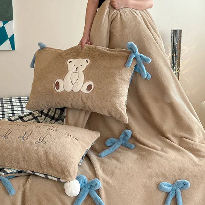 DecorBites™ Bow-knot Embroidered Velvet Duvet Bedding Set cozy winter bedding with pillowcase