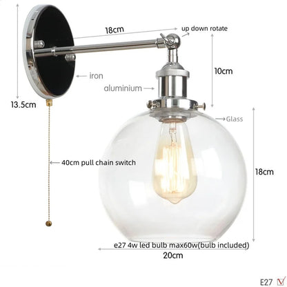 Decorbites™ Glasgloben-LED-Wandleuchte Modern Industrie Rustikal Vintage Nachttischlampe
