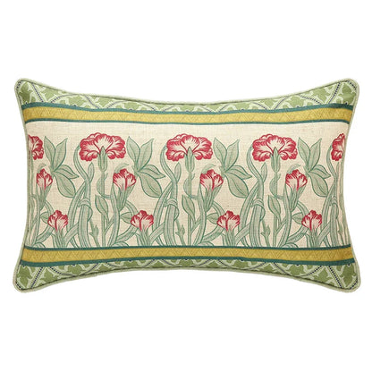 Funda de cojín lumbar DecorBites™ de lino francés con estampado de flores y pájaros, verde hada