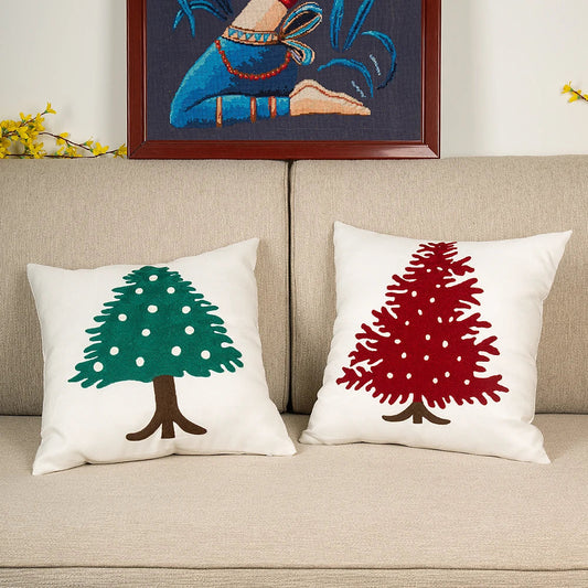 DecorBites™ Embroidered Christmas Tree Cushion Cover 45x45cm Green Red Square Pillow Cover