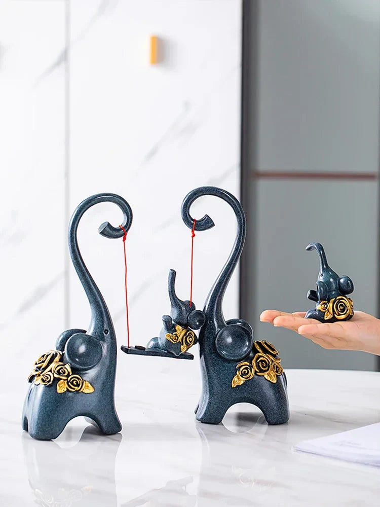 DecorBites™ Elephant Family Swing Sculpture: Resin Home Decor & Gift