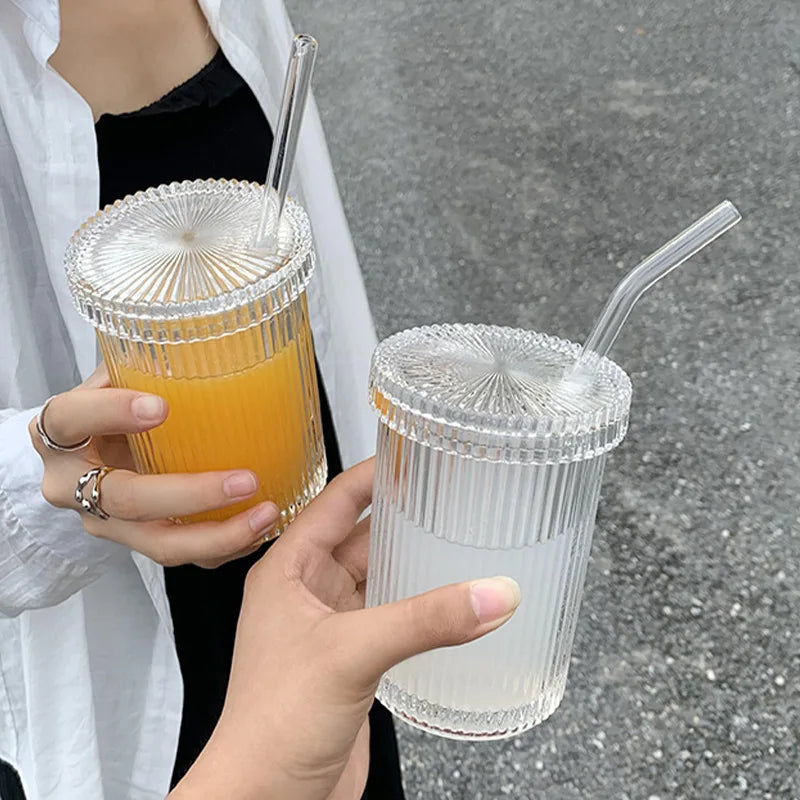 DecorBites™ Glass Straw Cup Set | Japanese Style Coffee Tea Milk Cup with Lid