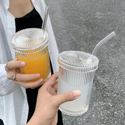 DecorBites™ Glass Straw Cup Set | Japanese Style Coffee Tea Milk Cup with Lid