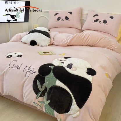 Decobites Pink Panda Applique Embroidery Bedding Set Double Queen Duvet Cover Bed Sheet Pillowcases