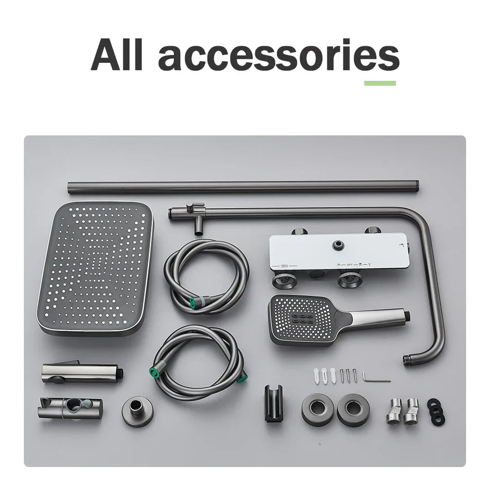 Juego de grifería termostática digital para ducha DecorBites™ gris con sistema de lluvia