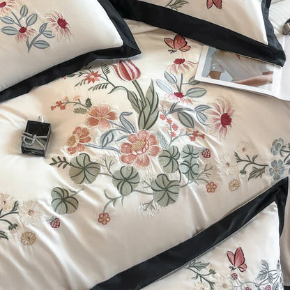 Luxury Flowers Embroidery Black Cotton Bedding Set by Decobites - 4Pcs