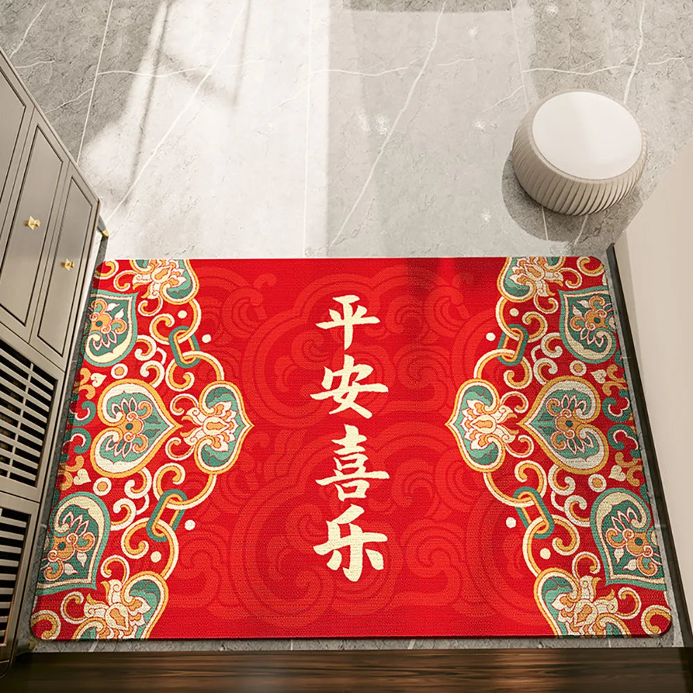 Decobites Red Tech Velvet Entrance Doormat: New Chinese Style, Anti-slip, Wear-resistant & Easy To Clean