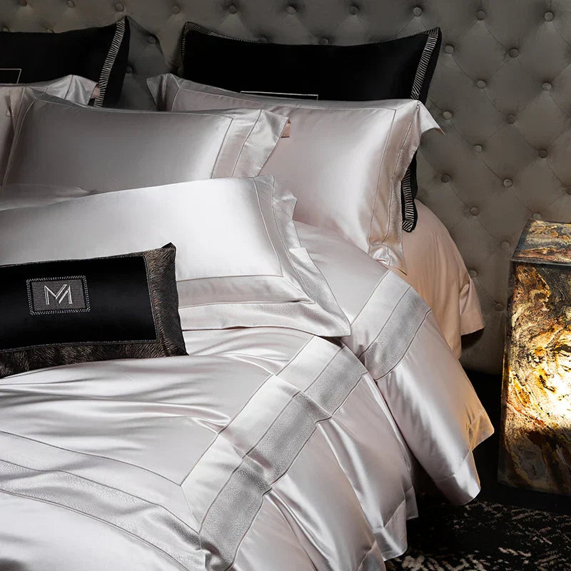 Decobites Silky Satin Brocade Jacquard Bedding Set with Egyptian Cotton for Luxury Comfort