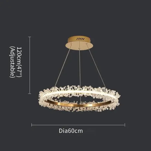 Lámpara de araña LED DecorBites™ con anillo de cristal dorado para decoración del hogar. Ideal para sala de estar, comedor y dormitorio de lujo.