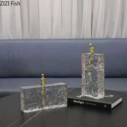 DecorBites™ Golden Thinker Ice Crystal Sculpture: Abstract Figure on Crystal Base