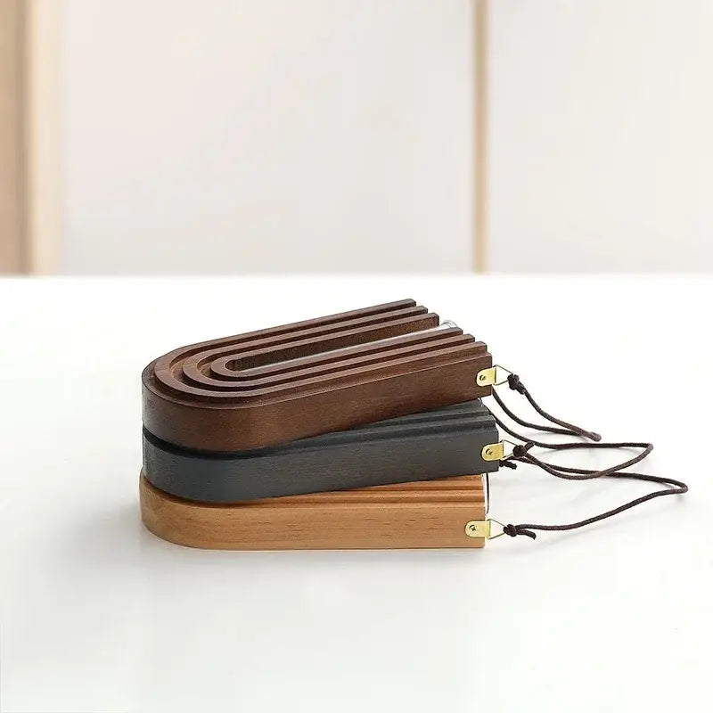DecorBites wooden flower vase wall mount holder featuring stacked wooden U-shaped organizers in rich brown charcoal gray and natural wood tones with brass hardware accents.
