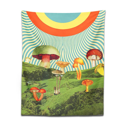 Psychedelic Mushroom Mountain Tapestry by Decobites - Hippie Bohemian Wall Decor