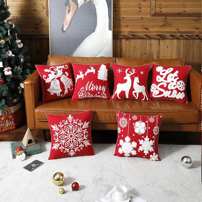 DecorBites™ Christmas Embroidered Cotton Canvas Pillow Covers Snowflake Elk Decor