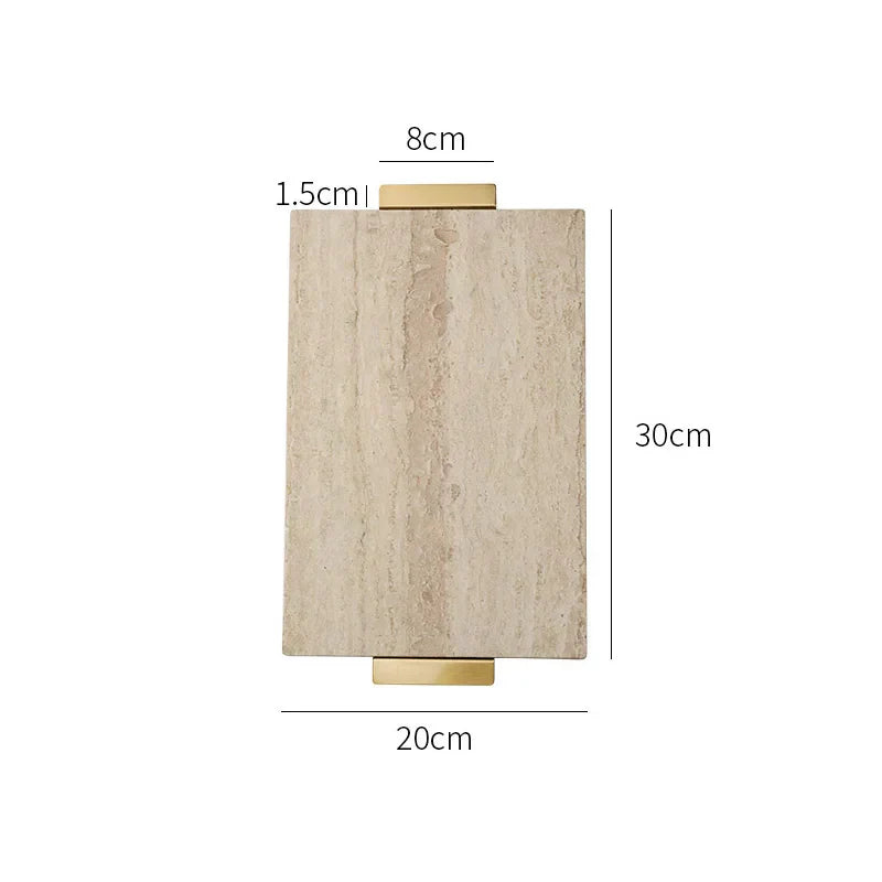 DecorBites™ Beige Travertine Stone Tray with Golden Metal Handle