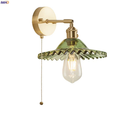 DecorBites™ Green Glass LED Wall Light Fixture | Modern Nordic Pull Chain Lamp