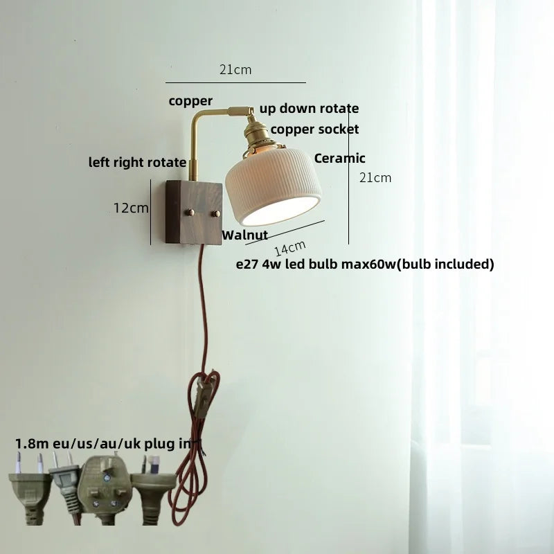 DecorBites™ Globe Ceramic LED Wall Lights Walnut Wood Sconce Rotatable Bedside Lamp