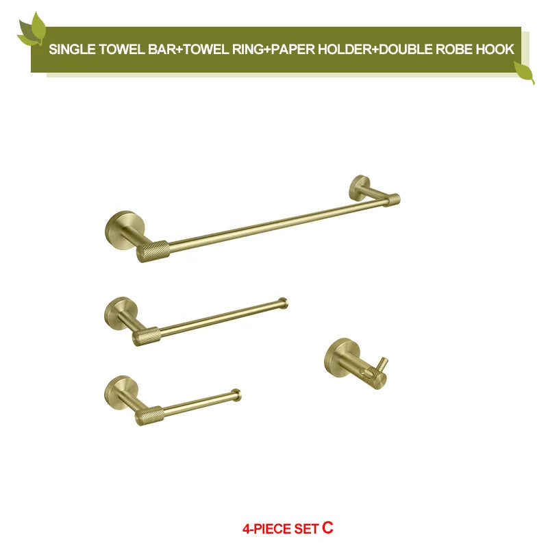 Conjunto de Hardware Decorbites™ Gold: Barra de Toallas, Soporte para Papel Higiénico, Gancho para Batas, Colgador de Tazas
