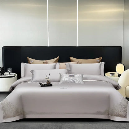 DecorBites™ Jacquard Embroidery Egyptian Cotton Satin Bedding Set with Elastic Sheet