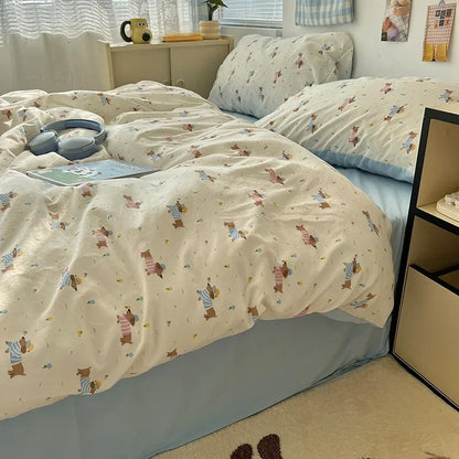 DecorBites™ Cute Cartoon Washed Cotton 4-Piece Bedding Set for Spring Soft Skin-Friendly Sheets