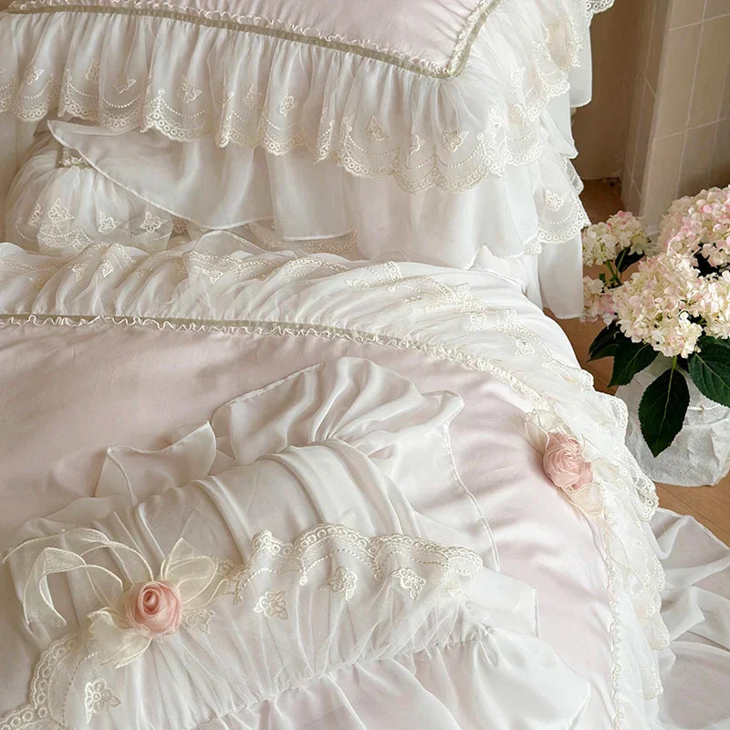 Decobites Luxe Pink Lace Ruffles Wedding Bedding Set 4Pcs