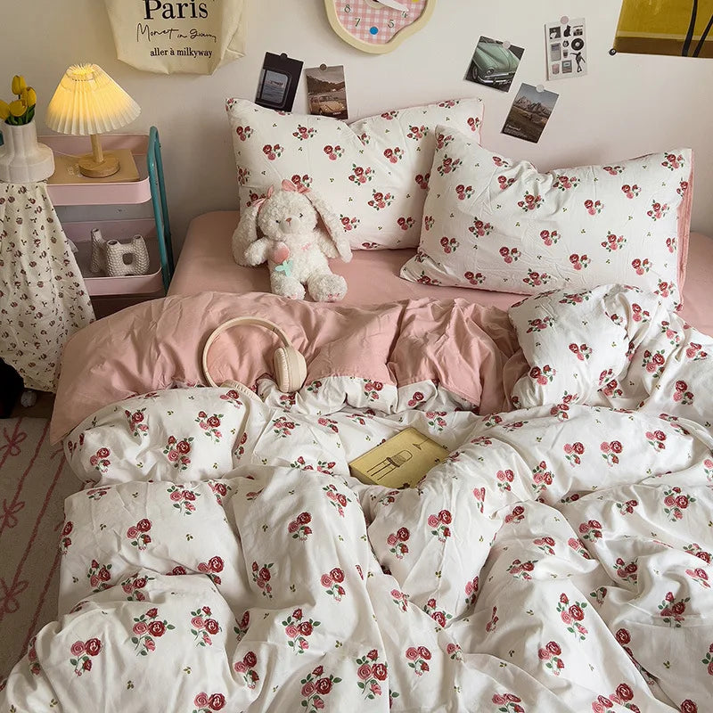 DecorBites™ Korean Floral Print Single Duvet Cover: Sweet Comfort, All Seasons, Skin-Friendly