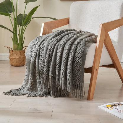 DecorBites™ Knitted Tassels Blanket: Cozy Solid Color for Sofa, Bed, or Homestay