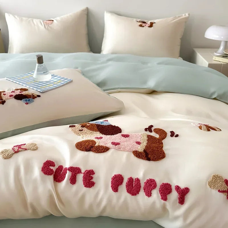 DecorBites™ Cartoon Embroidered Cotton Bedding Set with Ice Silk Cooling Technology