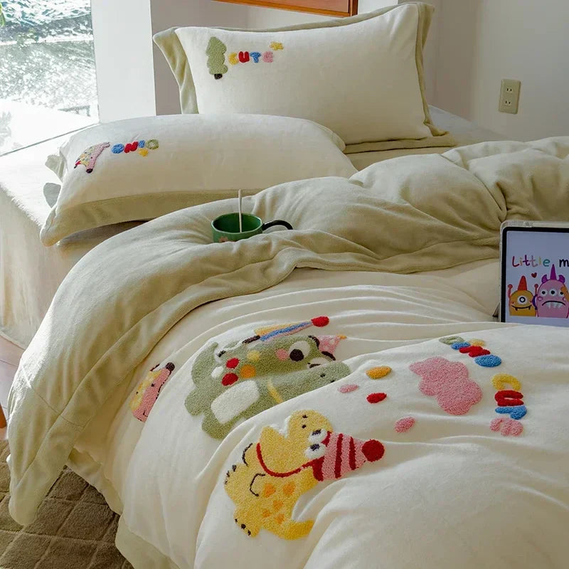 Decobites Embroidered Milk Fleece Winter Bedding Set for Warmth & Cozy Comfort