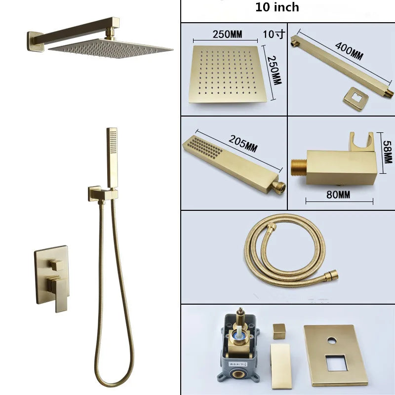DecorBites™ Brushed Gold In-Wall Shower Set with Rainfall Shower Head 8-12"