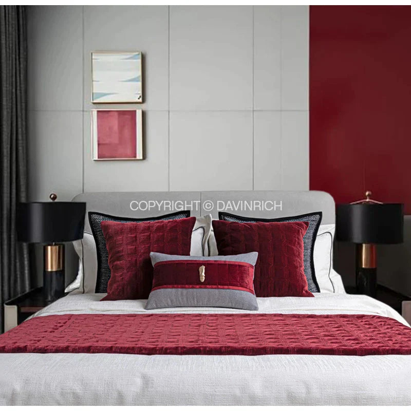 DecorBites™ Burgundy Velvet Geometric Embroidered Bed Runner Luxury Bedroom Hotel Wedding