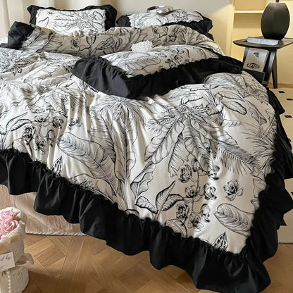 Decobites French Vintage Black Ruffles Duvet Cover Set with Pillowcases, Nordic Luxury Flowers Plant Bedding Set