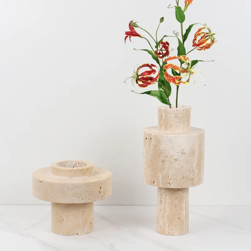 DecorBites™ Beige Travertine Stone Vase for Living Room Hotel Dining Table