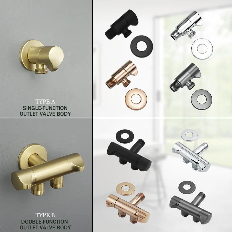 DecorBites™ Brushed Gold Solid Brass Bathroom Angled Dual Outlet Toilet Filling Valve