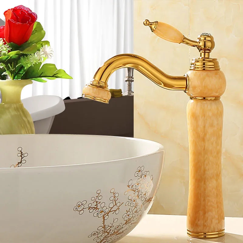 Decorbites™ Grifo de Lavabo de Baño en Oro, Jade y Latón | Montado en Cubierta Mezclador de Agua Caliente y Fría
